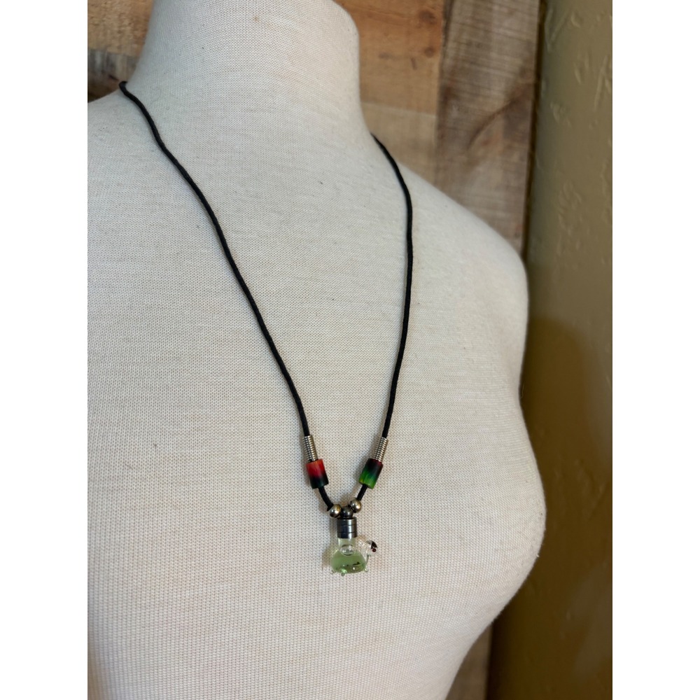 Glass Turtle Pendant Necklace Black Cord Rasta Wood Beads Green Animal Charm